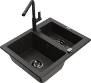 Mexen Carlos zlewozmywak granitowy 1,5-komorowy z baterią kuchenną Flora, czarny/złoty metalik - 6518-75-670401-70-B