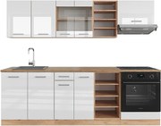 Zabudowa kuchenna biały wysoki połysk/złoty dąb power 240x60x81.6 r-line