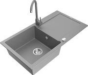Mexen Leo zlewozmywak granitowy 1-komorowy z ociekaczem i baterią kuchenną Telma, szary - 6501-71-670200-71