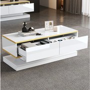 Stolik kawowy błyszczący - 100 x 50 x 38 cm - z 2 szufladami - stolik boczny - płyta wiórowa - biały