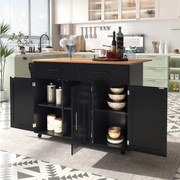 Wyspa centralna na kółkach - 129 x 46/71 x 91,5 cm - blat składany - z 3 drzwiami + 2 szufladami - MDF - czarny