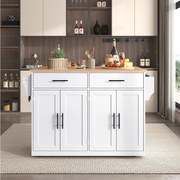 Biały wózek kuchenny - Wyspa kuchenna z kółkami i drewnianymi nogami - składany blat - 2 szuflady i 4 drzwi