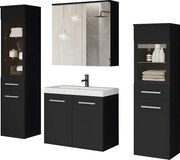 Meble łazienkowe z LED, zestaw wiszący do łazienki z umywalką, 2 słupkami i szafką lustrzaną, czarny mat
