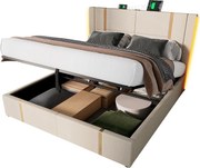 Łóżko z pojemnikiem 160x200 cm tapicerowane tkaniną lnianą - z LED i funkcją ładowania - z stelażem na listwach - Beżowe