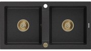 Mexen Mario zlewozmywak granitowy 2-komorowy 820 x 436 mm, czarny/srebrny metalik, syfon złoty - 6504822000-73-G