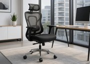 Ergonomiczny fotel biurowy Ergo Gamma czarny z regulowanym zagłówkiem, wsparciem lędźwiowym i podłokietnikami 4D. Nowoczesny design, przewiewna siatka i chromowana podstawa dla wygody i stylu.