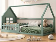 Łóżko kabinowe 90 x 200 cm, łóżko dziecięce z oknem, Drewno sosnowe, Stelaż listwowy, Zielony