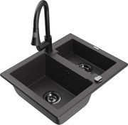 Mexen Carlos zlewozmywak granitowy 1,5-komorowy z baterią kuchenną Elia, czarny nakrapiany - 6518-76-670101-70-B