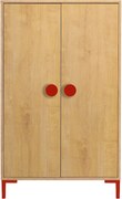 Szafa 2-drzwiowa w kolorze dębu z czerwonymi detalami.