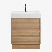 Drewniany Zestaw Mebli Łazienkowych Jolene Ze Zintegrowaną Umywalką Naturalna & Bezlusterkowiec & Czarny ↑20 Cm - Sklum