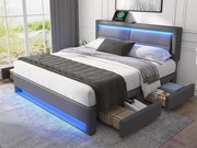Łóżko podwójne 160x200 cm z ekoskóry z LED - 4 szuflady - z portami ładowania (przewodowym i bezprzewodowym) - Szare