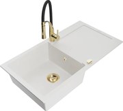 Mexen Leo zlewozmywak granitowy 1-komorowy z ociekaczem i baterią kuchenną Aster, biały - 6501-20-73450-57-G