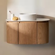 Zestaw Mebli Łazienkowych Z Drewna Carsone Naturalna & Bez Jednostki Pomocniczej & Owalne Ceramiczne Białe Paski - Sklum