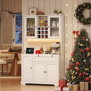 Wysoka komoda kuchenna - 105 x 40 x 180 cm - z szufladą + 5 drzwi + półki + diody + gniazdka - MDF - biała