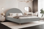 BESILIO Łóżko tapicerowane Boucle 200x200 Velora II - stelaż listwowy, wezgłowie, pojemnik, łóżko slim, wysokie złote nogi - Jasnoszary