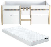 Podwyższone łóżko SISSY – 2 szuflady – 90 × 190 cm – kolor biały i dębowy, materac w zestawie