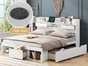 Łóżko dwuosobowe z drewna 140x200 cm - z portem ładowania i wielofunkcyjnymi schowkami - Białe