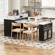 Rozkładana wyspa kuchenna na kółkach z blatem szklanym - 110,5 x 50,5 x 95,5 cm - z drzwiami i szufladą - MDF + szkło - czarna