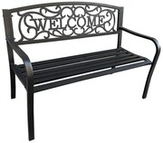 Czarna ławka ogrodowa z napisem na oparciu W3-R91