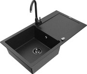 Mexen Leo zlewozmywak granitowy 1-komorowy z ociekaczem i baterią kuchenną Telma, czarny/srebrny metalik - 6501-73-670200-70-B
