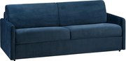 Kanapa 4-osobowa rozkładana typu express z granatowego weluru z siedziskiem z pianki z pamięcią kształtu - Powierzchnia spania na szerokich listwach 160 cm - Materac 14 cm CALIFE