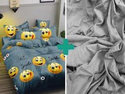PrzytulneMieszkanie.pl PrzytulneMieszkanie.pl PrzytulneMieszkanie.pl Komplet pościeli z mikrofibry GŁODNY EMOTIKON szary + prześcieradło Jersey 90x200cm