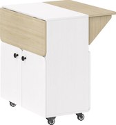 HOMCOM Składany Stół z Rolą, dwa składane boki, półka, 4 koła, Biały+Naturalne drewno, 70 x 83 x 75 cm