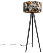 Lampa podłogowa trójnóg czarna z abażurem w kwiaty 50 cm - Tripod Classic klasyczny/Antyczny Oswietlenie wewnetrzne