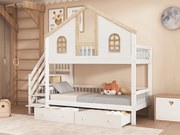 Łóżko piętrowe z schodami do przechowywania i 2 szufladami pod łóżkiem - 90x200 cm - z stelażem na listwach - Białe i Naturalne