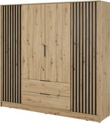 Szafa otwierana 200 cm Fioro - czterodrzwiowa szafa z lamelami, 2 szuflady - dąb Artisan