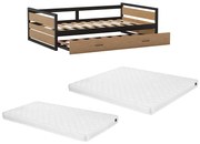 Łóżko wysuwane 120 x 200 i 90 x 200 cm - MDF, drewno sosnowe i metal - Naturalny i antracytowy + Materac - BOSTON