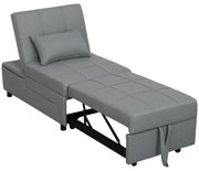 HOMCOM Rozkładany Fotel 3-w-1 z Kieszonką, Gościnne Łóżko z Poduszką, Regulowane Oparcie, Fotel do Spania na Kółkach, Jasnoszary