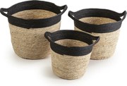 Zestaw trzech koszy Otilia z naturalnego włókna i papieru, czarno-beżowy.