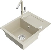 Mexen Enzo zlewozmywak granitowy 1-komorowy z ociekaczem i baterią kuchenną Flora, beżowy - 6506-69-670401-09