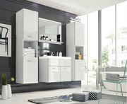 Zestaw mebli łazienkowych, komplet wiszący z umywalką, lustrem i 2 słupkami, korpus biały mat fronty biały połysk