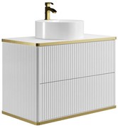 Szafka łazienkowa wisząca  ryflowana ze złotą listwą i okrągłą umywalką nablatową - Biały - 80 cm - KELIZA