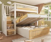 Łóżko piętrowe 90x200cm + 140x200cm - Dolne łóżko z miejscem do przechowywania - drabina z pojemnikami - z portem USB - Biały+Naturalny​ (bez materaca)
