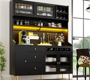 Kredens kuchenny 145x39x171 cm - z oświetleniem LED - 4 drzwi szklane - 3 szuflady - z panelem perforowanym - czarny