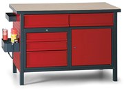Stół warsztatowy GD, 5 szuflad, świerk + sklejka bukowa, 5 szuflad, 1 szafka, 1190 x 600 x 850 mm, antracyt/czerwony