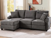 Narożnik w kształcie L - 3-osobowy - z podnóżkiem + uchwytem na kubki - ładowarka USB - 2 poduszki - Ciemnoszary