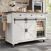 Wyspa kuchenna z opuszczanym blatem - Wózek kuchenny z 2 drzwiami przesuwnymi i 3 szufladami - wieszak na ręczniki i uchwyt na kubek - biały