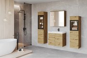 Meble łazienkowe, zestaw wiszący do łazienki z umywalką, 2 słupkami i szafką lustrzaną, dąb artisan mat