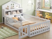 Łóżko dziecięce 90x200 cm - z barierkami zabezpieczającymi - z półkami - z drzwiczkami - białe (materac nie jest w zestawie)