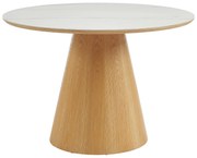 Okrągły stół do jadalni dla 4 osób z ceramiki i forniru jesionowego - Efekt białego marmuru i jasnego naturalnego drewna - ANTALIZA