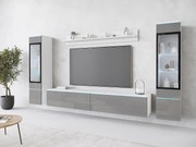 Zestaw mebli do salonu z LED 4 elementy – szafka RTV 180 cm, 2 witryny i półka, stojąca lub wisząca, korpus biały mat, fronty szary połysk