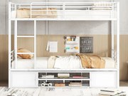Łóżko piętrowe 90x200cm z żelaza - z meblem na buty i drabiną - Białe