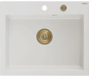 Mexen Elix zlewozmywak granitowy 1-komorowy 600 x 500 mm, biały, syfon złoty - 6525601005-20-G