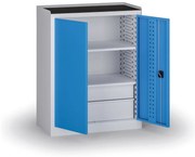 Szafa warsztatowa, 2 półki + 2 szuflady, 1180 × 950 × 500 mm, niebieskie drzwi
