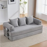 Sofa 3-osobowa rozkładana - 200 x 94 x 67 cm - z kieszeniami bocznymi + 3 poduszki - welur - jasnoszary