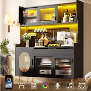 Kredens kuchenny w stylu rustykalnym - 145 x 39 x 171 cm - z 5 drzwiami + diody LED + panel do przechowywania + szuflada - MDF - czarny